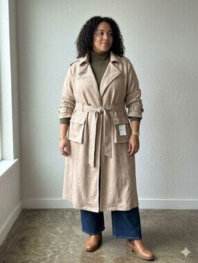 NWT Forever 21+ Faux Suede Longline Trench Coat Camel Beige 1X